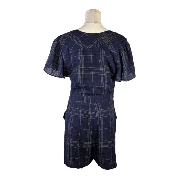 Greylin Navy Plaid Wrap Romper M Flutter Sleeve Tie Waist Chic Summer - Picture 6 of 10